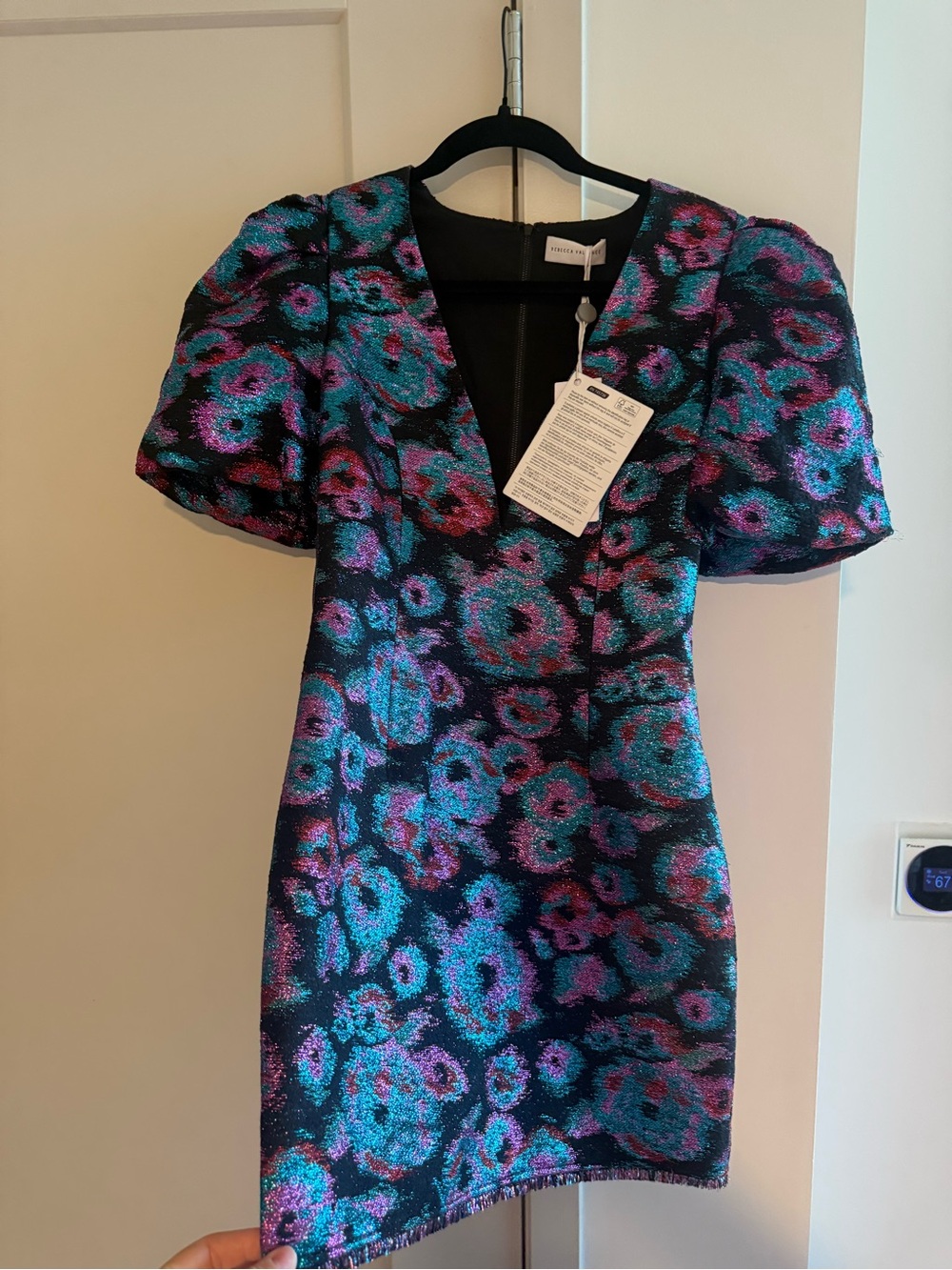 Rebecca Vallance Metallic Floral Puff-Sleeve Mini Dress - Teal, Purple & Black